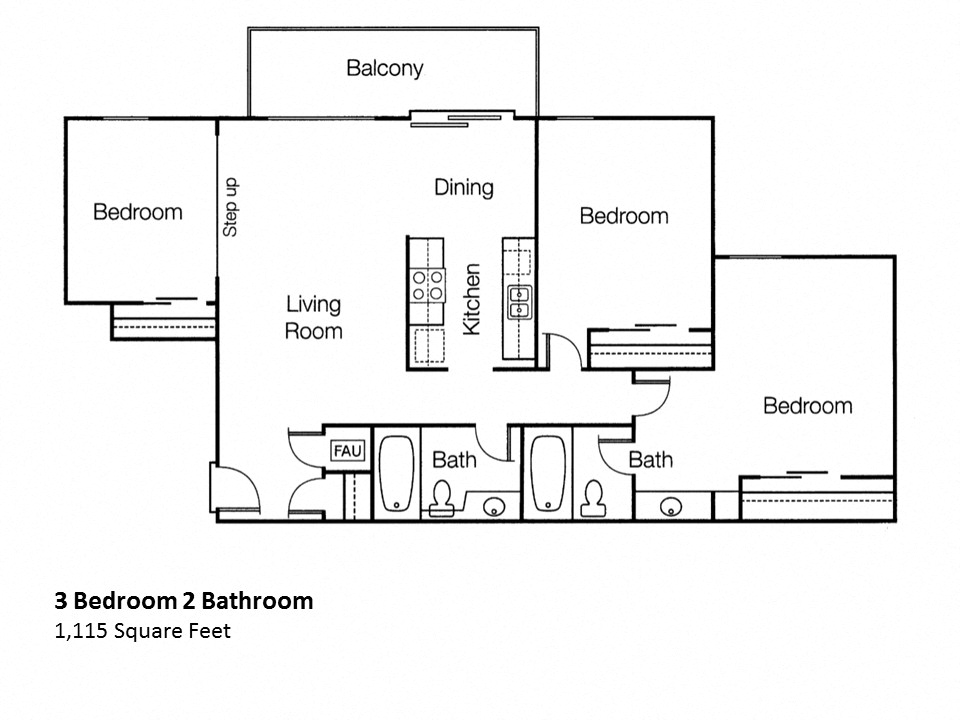 Floor plan for 3 beds, 2 baths, 1115 sqft